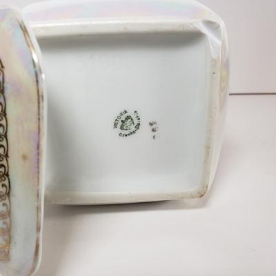 LOT 173: Limoges Fruit Plates, Schumann Arzberg "Lilac Time" Plates, Iron Stone Pitcher & Czechoslovakian Barley Canister