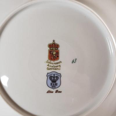 LOT 173: Limoges Fruit Plates, Schumann Arzberg "Lilac Time" Plates, Iron Stone Pitcher & Czechoslovakian Barley Canister