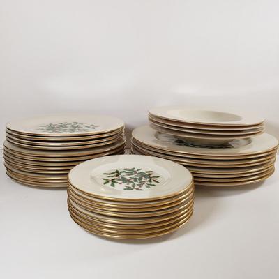 LOT 174: Lenox Holiday Dinnerware Service for 8 with Salt & Pepper, Creamer & Sugar & Extras