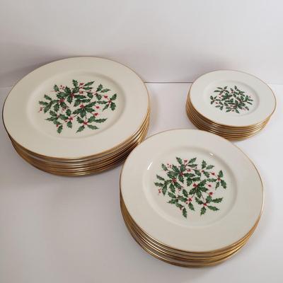 LOT 174: Lenox Holiday Dinnerware Service for 8 with Salt & Pepper, Creamer & Sugar & Extras