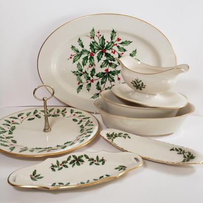 LOT 175: Lenox Holiday Platter, Tidbit Tray, Condiment Trays & Other Serving Ware