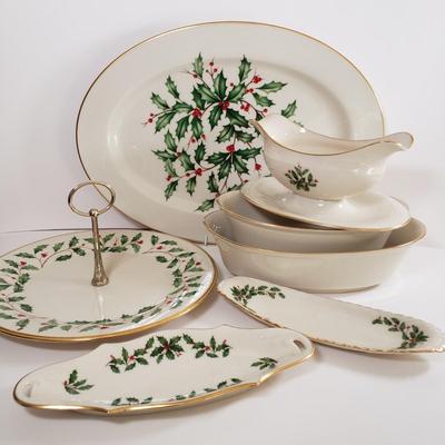 LOT 175: Lenox Holiday Platter, Tidbit Tray, Condiment Trays & Other Serving Ware