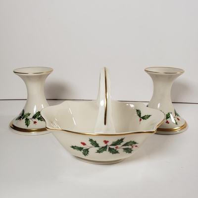 LOT 176: Lenox Holiday Candle Holders, Serving Bowls, Divided Dish, Platters & More