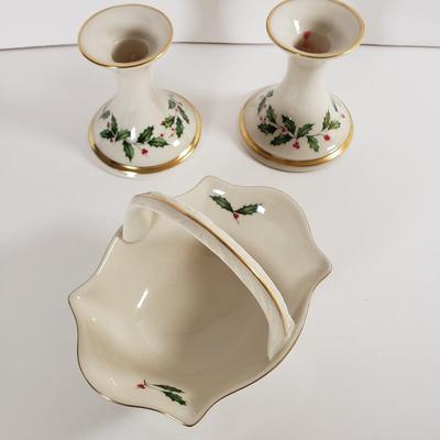 LOT 176: Lenox Holiday Candle Holders, Serving Bowls, Divided Dish, Platters & More