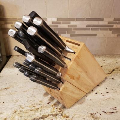 LOT 181: Cutco Knives with Wood Block Filled with J.A. Henckels Knives