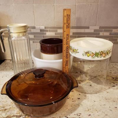 LOT 182: Vintage Kitchen Collection-Pyrex Spice of Life, Roseville Stoneware Crock, Fire King & More