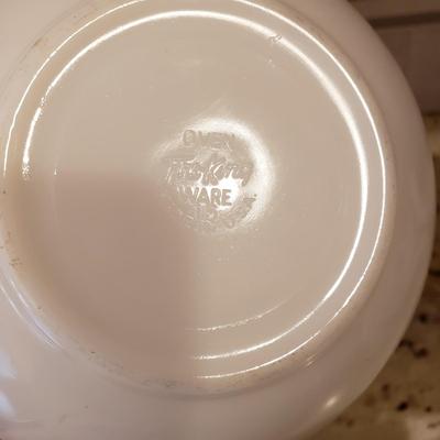 LOT 182: Vintage Kitchen Collection-Pyrex Spice of Life, Roseville Stoneware Crock, Fire King & More