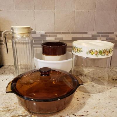 LOT 182: Vintage Kitchen Collection-Pyrex Spice of Life, Roseville Stoneware Crock, Fire King & More