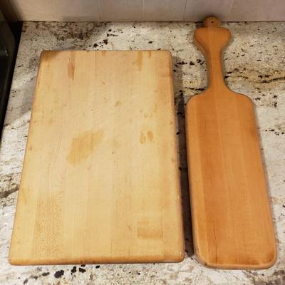 LOT 184: Wooden Cutting Boards, Large Plastic Beverage Dispenser & Glass Canisters