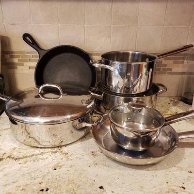 LOT 185: Pots & Pans- Cuisinart, Logde, Wolfgang Puck, WearEver & Silampos