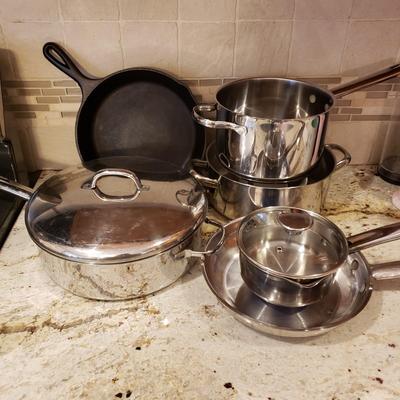 LOT 185: Pots & Pans- Cuisinart, Logde, Wolfgang Puck, WearEver & Silampos