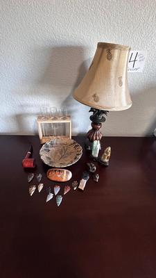 ARROW HEADS, HAND CRAFTED SIGNED BOWL, SMALL LAMP,
