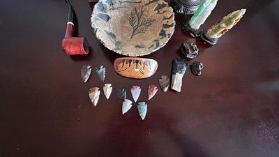 ARROW HEADS, HAND CRAFTED SIGNED BOWL, SMALL LAMP,