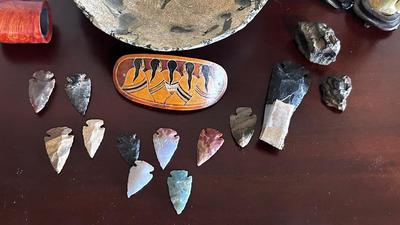 ARROW HEADS, HAND CRAFTED SIGNED BOWL, SMALL LAMP,