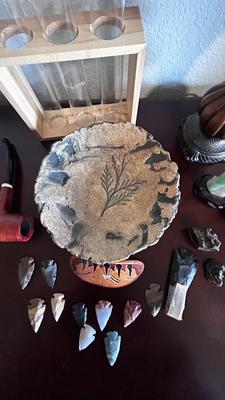 ARROW HEADS, HAND CRAFTED SIGNED BOWL, SMALL LAMP,