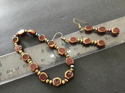Red Glass Gold Accents Bracelet With Matching Earrings
