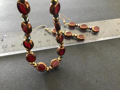Red Glass Gold Accents Bracelet With Matching Earrings