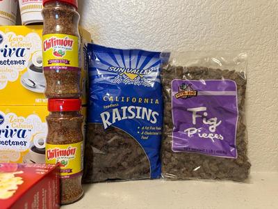 RAISINS, MICROWAVE POPCORN, APPLE SAUCE, SWEETENER, CANE SUGAR AND MORE