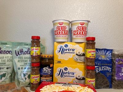 RAISINS, MICROWAVE POPCORN, APPLE SAUCE, SWEETENER, CANE SUGAR AND MORE