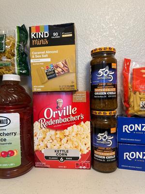 APPLE-CHERRY JUICE, SPAGHETTI NOODLES, GREEN CHILI SALSA AND MORE