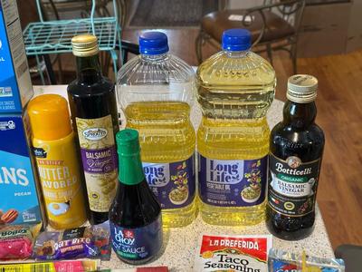 VEGETABLE OIL, NUT-THINS, SOY SAUCE, PACKETS OF HONEY AND MORE