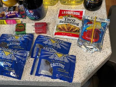 VEGETABLE OIL, NUT-THINS, SOY SAUCE, PACKETS OF HONEY AND MORE