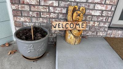 CARVED LOG WELCOME BEAR AND A NICE GLAZED CLAY PLANTER