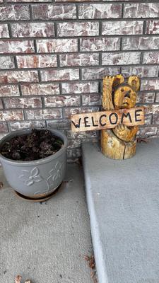 CARVED LOG WELCOME BEAR AND A NICE GLAZED CLAY PLANTER