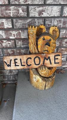 CARVED LOG WELCOME BEAR AND A NICE GLAZED CLAY PLANTER