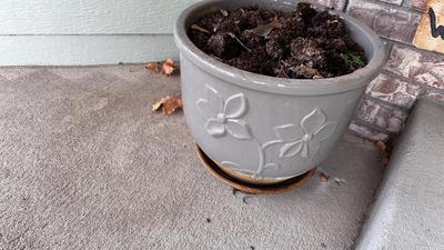 CARVED LOG WELCOME BEAR AND A NICE GLAZED CLAY PLANTER