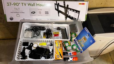 37”-90” FLAT TV WALL MOUNT, 2GB OLYMPUS SD CARD AND MISC OFFICE SUPPLIES