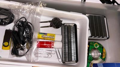 37”-90” FLAT TV WALL MOUNT, 2GB OLYMPUS SD CARD AND MISC OFFICE SUPPLIES