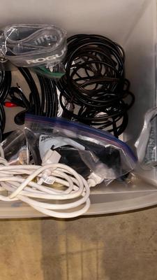 BOX OF MISC CORDS, HDMI, EXTENSION, CABLE AUXILIARY AND A LARGE BAG OR CORD COVER