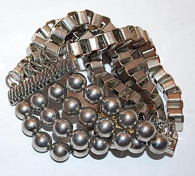 Solid Silver Colored Elastic BRACELET (2¼" Opening) with 4 Rows of Globes and 5 Rows of Loops with 2 Vertical Bars