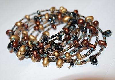 One Piece Wired WRAP-AROUND BRACELET (2¼" Opening) with 7 "Rings" of MOVEABLE Brown, Gold & Black Beads
