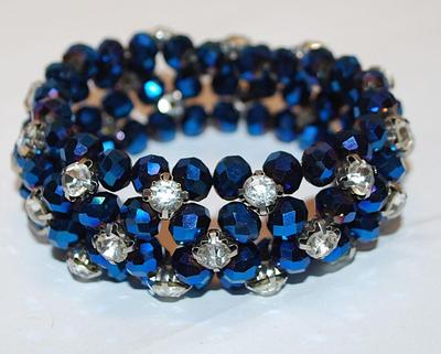 Deep Blue & Clear Beaded Elastic BRACELET (2¼" Opening) in Criss-Cross Pattern