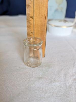 Miscellaneous group...statue glass bell, Precious Moments, pin, safety pin, miniature bottle of perfume, 2 small jars, Wedgwood,glass bowl