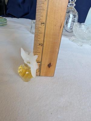 Miscellaneous group...statue glass bell, Precious Moments, pin, safety pin, miniature bottle of perfume, 2 small jars, Wedgwood,glass bowl