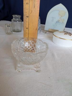 Miscellaneous group...statue glass bell, Precious Moments, pin, safety pin, miniature bottle of perfume, 2 small jars, Wedgwood,glass bowl