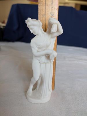 Miscellaneous group...statue glass bell, Precious Moments, pin, safety pin, miniature bottle of perfume, 2 small jars, Wedgwood,glass bowl