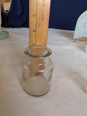 Miscellaneous group...statue glass bell, Precious Moments, pin, safety pin, miniature bottle of perfume, 2 small jars, Wedgwood,glass bowl