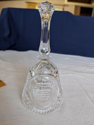 Miscellaneous group...statue glass bell, Precious Moments, pin, safety pin, miniature bottle of perfume, 2 small jars, Wedgwood,glass bowl