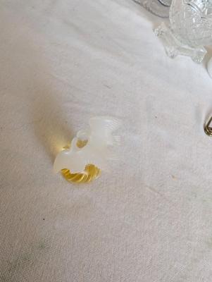 Miscellaneous group...statue glass bell, Precious Moments, pin, safety pin, miniature bottle of perfume, 2 small jars, Wedgwood,glass bowl