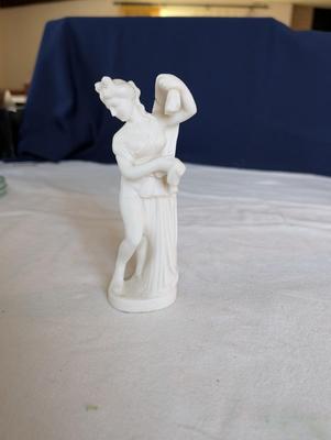 Miscellaneous group...statue glass bell, Precious Moments, pin, safety pin, miniature bottle of perfume, 2 small jars, Wedgwood,glass bowl