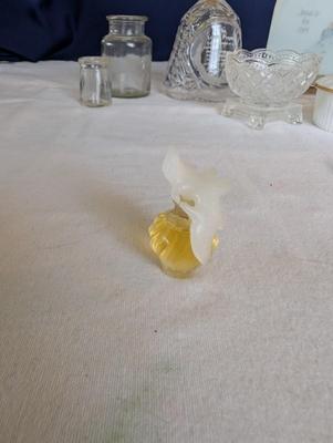 Miscellaneous group...statue glass bell, Precious Moments, pin, safety pin, miniature bottle of perfume, 2 small jars, Wedgwood,glass bowl