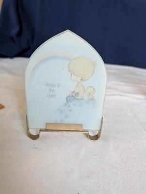 Miscellaneous group...statue glass bell, Precious Moments, pin, safety pin, miniature bottle of perfume, 2 small jars, Wedgwood,glass bowl