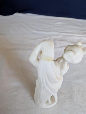 Miscellaneous group...statue glass bell, Precious Moments, pin, safety pin, miniature bottle of perfume, 2 small jars, Wedgwood,glass bowl