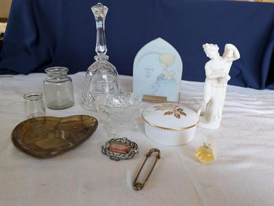 Miscellaneous group...statue glass bell, Precious Moments, pin, safety pin, miniature bottle of perfume, 2 small jars, Wedgwood,glass bowl