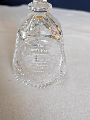 Miscellaneous group...statue glass bell, Precious Moments, pin, safety pin, miniature bottle of perfume, 2 small jars, Wedgwood,glass bowl