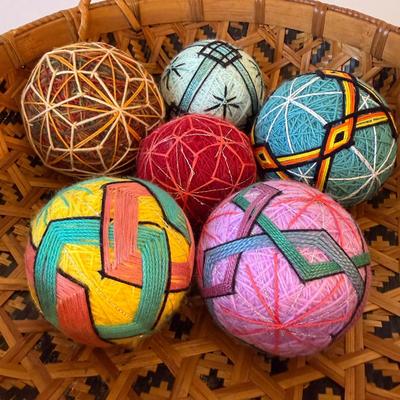 Basket of Temari Balls with Two Cross Stitch Wall Hangings (E-HS)